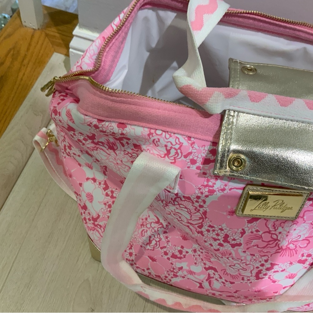 Lilly Pulitzer Pink Floral Canvas Tote with Gold Accents